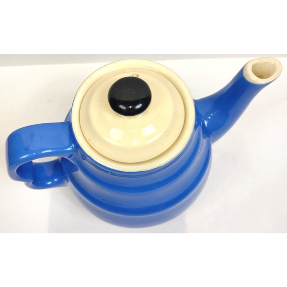 Vintage Blue Stoneware Oxford Style Teapot Made in USA 2 Ring Style 6.5" - Picture 8 of 9